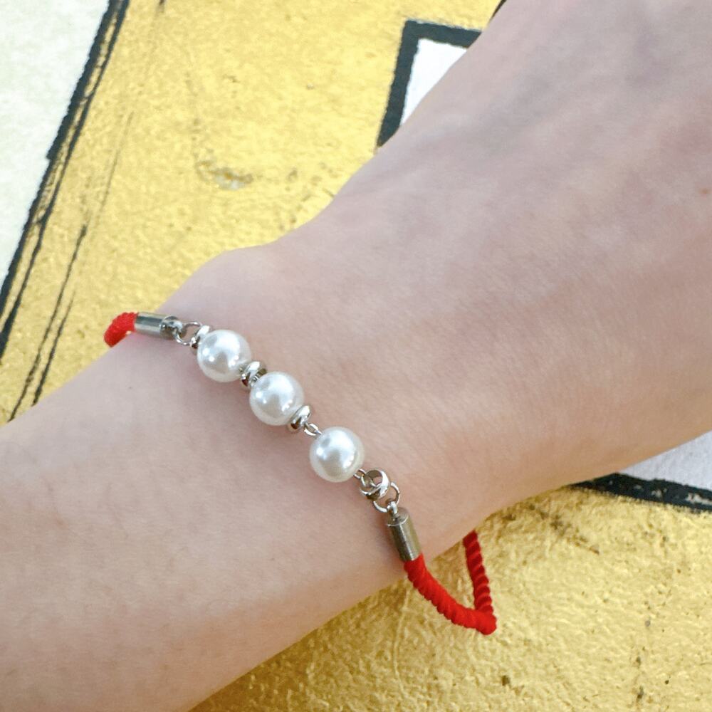 Red Lucky Pearl Cord Bracelet, Minimalist Adjustable Stackable Bangle
